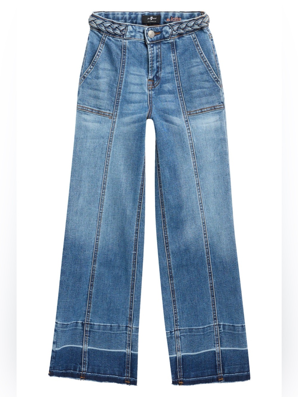 7 For All Mankind Washed Blue Wide-Leg Denim Jeans with Braided Waistband